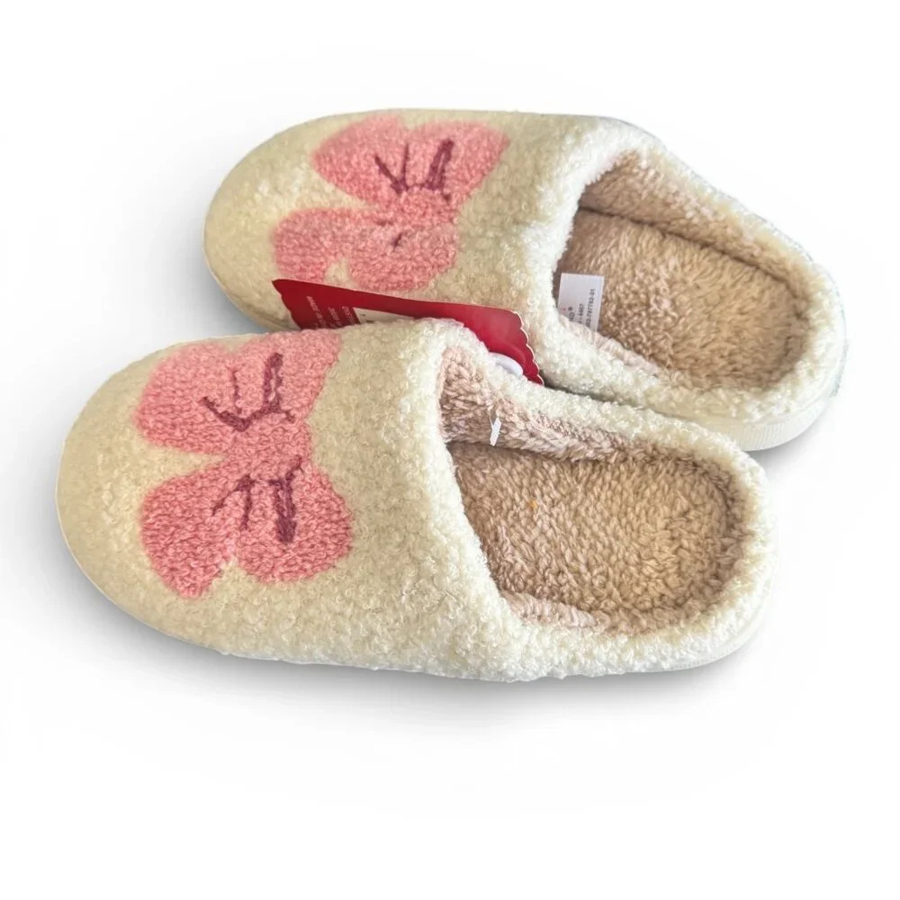 Ashland Girls Plush Slippers Pink Bow Cream Sherpa House Shoes Size: 3  NEW